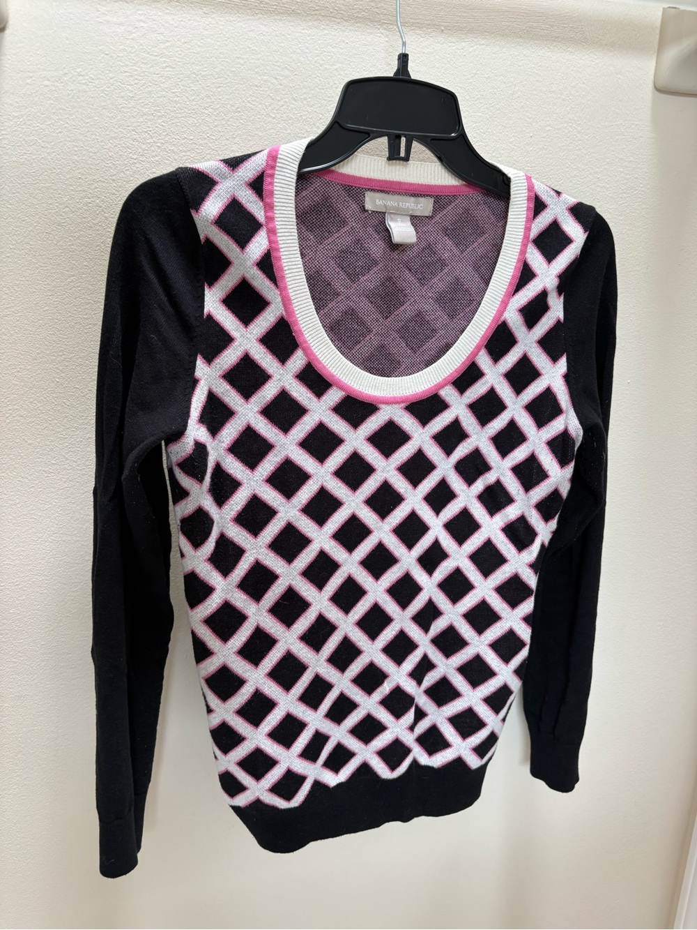Banana Republic Black Sweater with Pink & White Lattice Scoop Neck